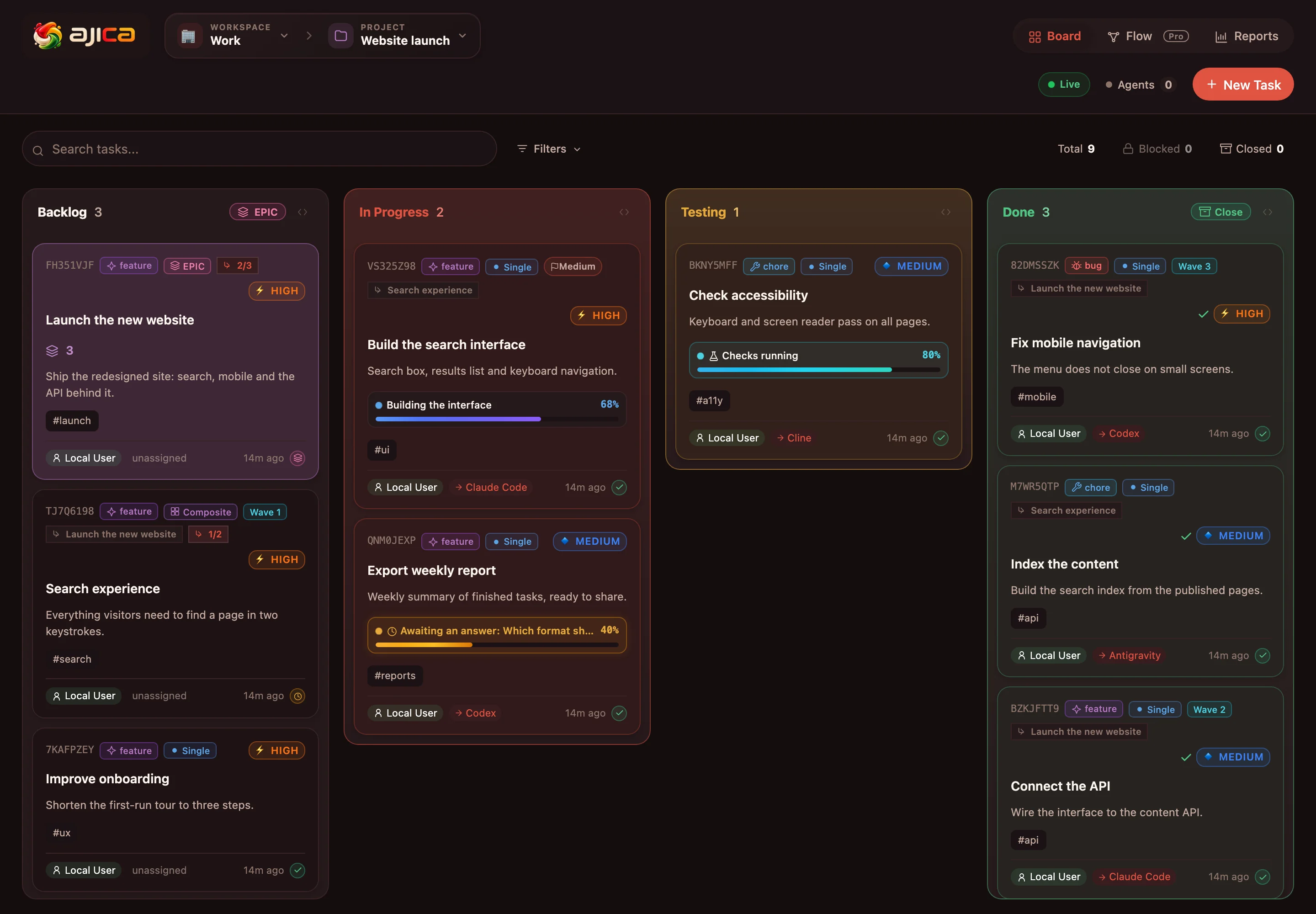 The Ajica task board on macOS with four columns: Backlog, In Progress, Testing and Done. An epic and a composite task wait in the backlog; agents are building the search interface and waiting for an answer about a report format; accessibility checks are running; three tasks are done.