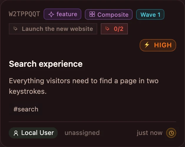 Composite card from the Ajica board: Search experience, 1 of 2 subtasks done, status Waiting for children.