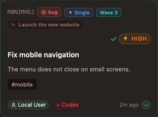 Done card from the Ajica board: Fix mobile navigation, completed by Codex, with a green check mark.