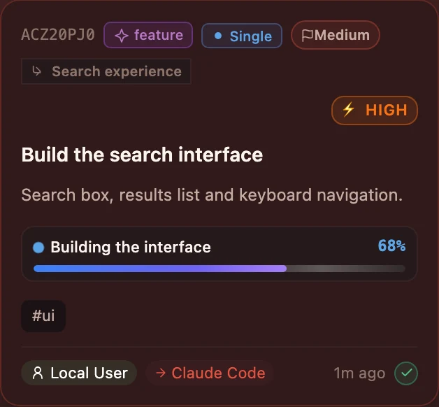 In Progress card from the Ajica board: Build the search interface, 68 percent with the status line Building the interface, worked on by Claude Code.