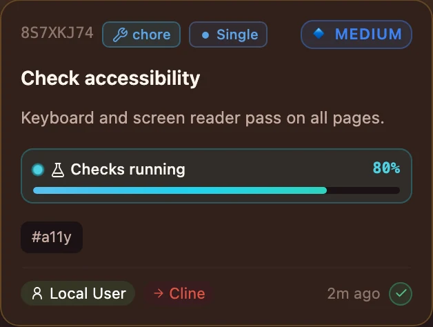 Testing card from the Ajica board: Check accessibility, a cyan bar showing Checks running at 80 percent, Cline.